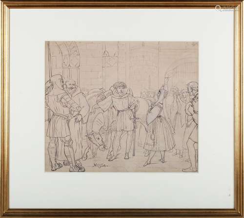 Alfred Edward Chalon - Medieval Scene, 19th century pen with...