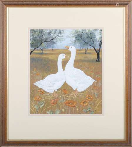 Peter Daly - Two Geese, watercolour and gouache, signed and ...