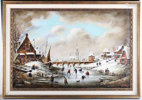 Duran Fainé - Dutch Winter Landscape with Figures skating on...