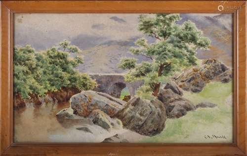 Abraham Hulk - Rocky Riverbank and Bridge, watercolour, sign...