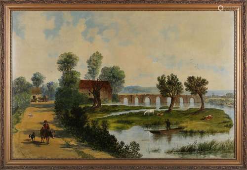 British School - Landscape with Farmer riding a Donkey along...