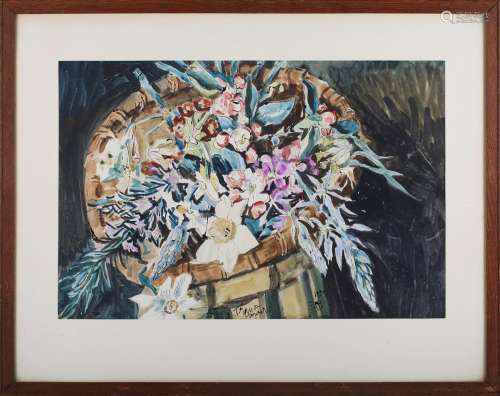 Edna Clarke Hall - 'Tray of Flowers', watercolour with ink, ...