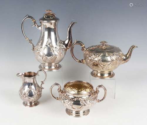 A Victorian silver harlequin four-piece tea set, each of cir...