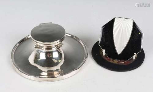 A George V silver capstan inkwell with hinged lid and glass ...