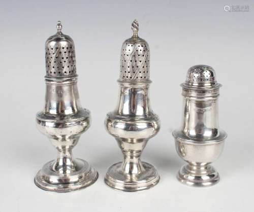A George III silver baluster pepper caster with domed pierce...