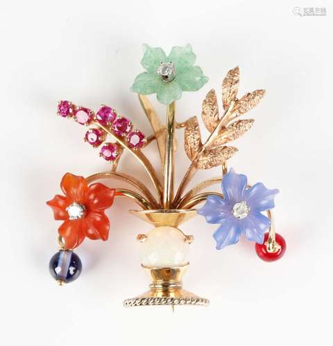 A gold, diamond, opal, ruby and varicoloured carved and stai...