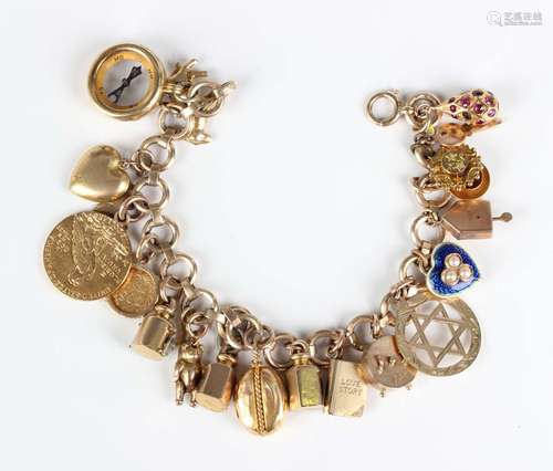 A gold circular and oval link charm bracelet on a boltring c...