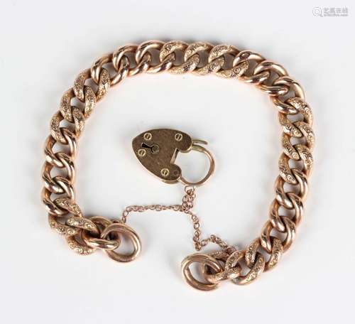 A gold decorated and plain curblink bracelet, detailed '9c',...