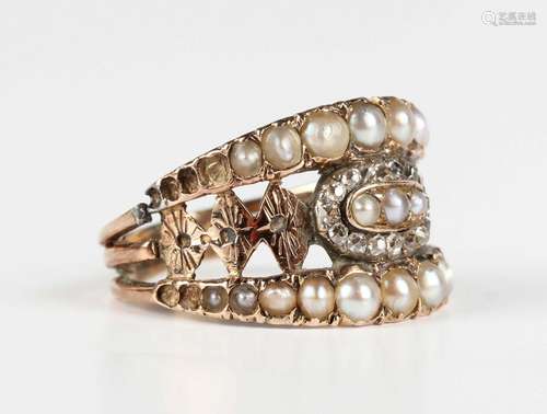 A gold, diamond and half-pearl ring, circa 1820, mounted wit...