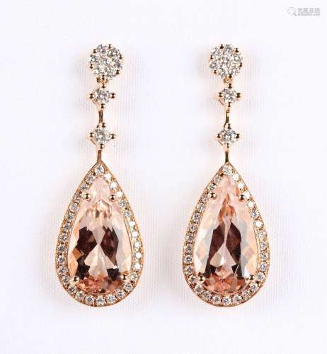 A pair of rose gold, synthetic morganite and diamond drop sh...