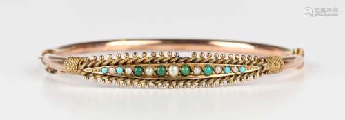 A gold, turquoise and seed pearl oval hinged bangle, the gem...