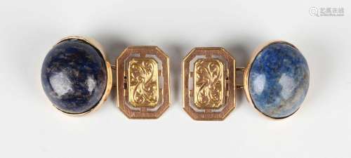 A pair of gold mounted lapis lazuli cufflinks, each front co...