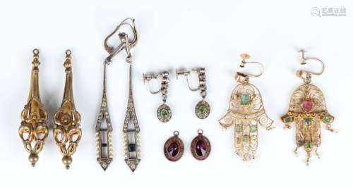 Two similar gold filigree seed pearl and gem set pendant ear...