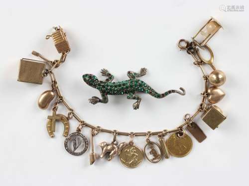 A gold bar and circular link charm bracelet, unmarked, fitte...