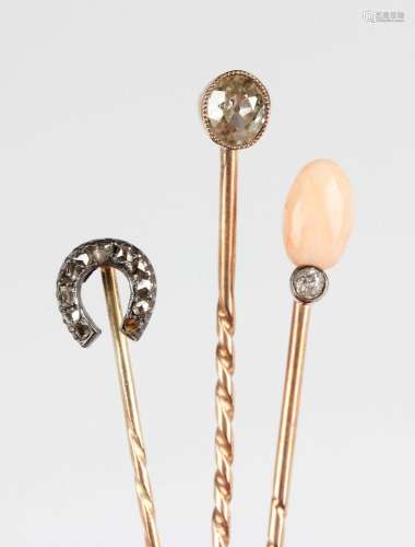 Five diamond set stickpins, including a gold and silver set ...