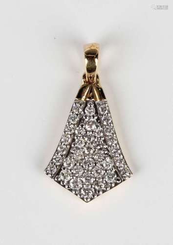 A 9ct gold and diamond drop shaped pendant, mounted with cir...