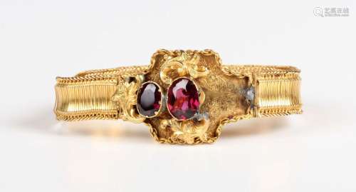 A Victorian gold mesh link bracelet, mounted with two oval c...