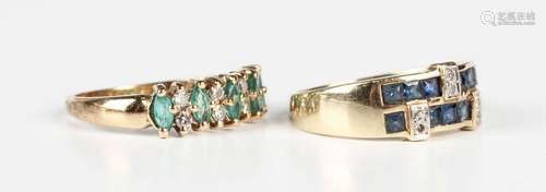 A 9ct gold, emerald and diamond ring, mounted with five marq...