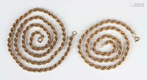 Two 9ct gold ropetwist link neckchains, each with a boltring...