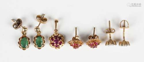 A 9ct gold and ruby cluster pendant, length 1.7cm, a pair of...