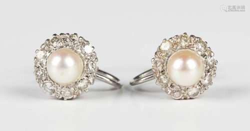 A pair of white gold, diamond and cultured pearl cluster ear...