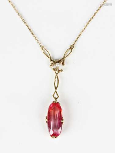 An Arts and Crafts gold, padparadscha sapphire and seed pear...