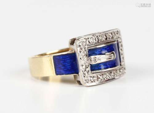 An 18ct gold, diamond and blue enamelled ring in a curved re...