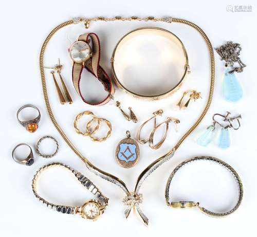 A small group of jewellery, including three pairs of 9ct gol...