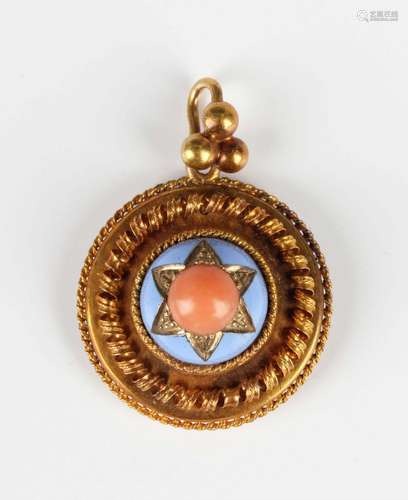 A Victorian gold, coral and pale blue enamelled circular pen...