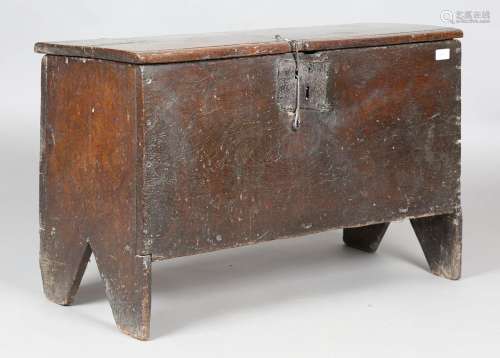 A 17th century oak six-plank boarded coffer