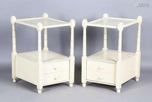 A pair of modern cream painted two-tier bedside tables
