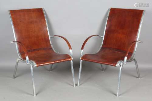 A pair of modern retro design aluminium framed brown leather...