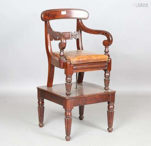 A Regency mahogany bar back child's elbow chair with brown l...