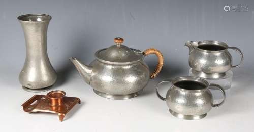 A Liberty & Co Tudric pewter three-piece tea set