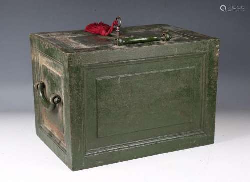 A Victorian cast iron strongbox with hinged door and key