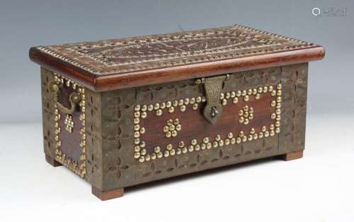 A small Zanzibar hardwood and copper mounted box with brass ...