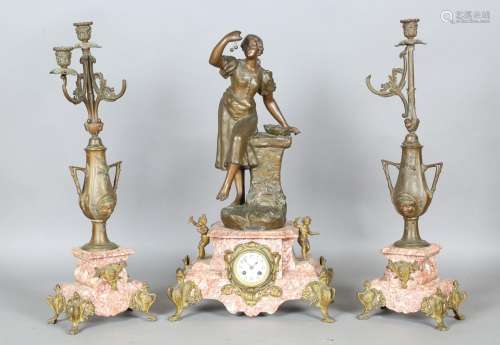 A French Art Nouveau patinated spelter and pink veined marbl...