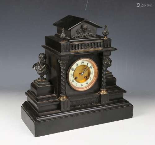 A Victorian slate architectural mantel clock with eight day ...