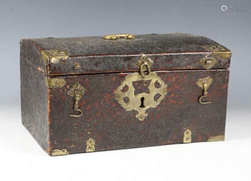 An 18th century leather covered and brass mounted box with h...