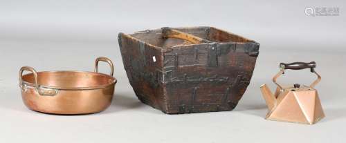 A 20th century Chinese wooden trug of square form with metal...