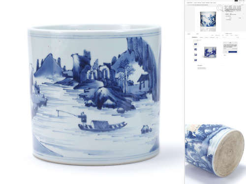 A Blue And White Landscape Brush Pot