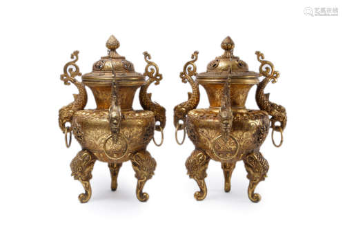 A Pair Of Gilt Bronze Elephant-Legs Capricorn-Ears Tripod Ce...