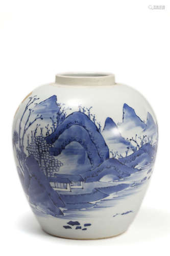 A Blue And White Landscape Pot