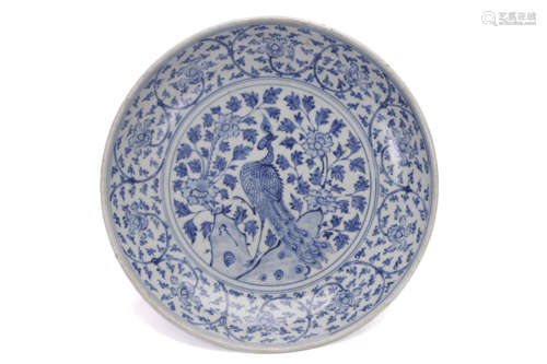 A Blue And White Peony Phoenix Plate