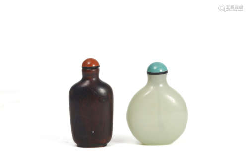 A Wood Snuff Bottle, A Glass Snuff Bottle