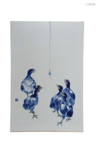 A Blue And White Chicken Plaque