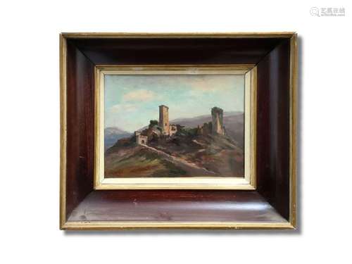 A. LACOMBE (XXème)<br />
Le château en ruines sur la colline...