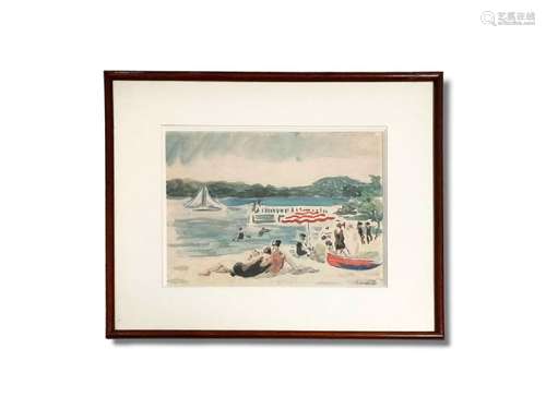 Camille LIAUSU (1894-1975)<br />
Sur la plage<br />
Aquarell...