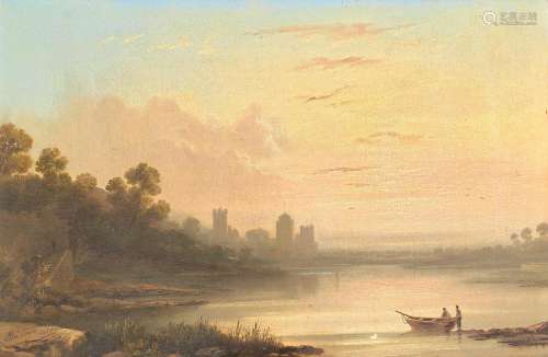 Edward Train (British, 1801-1866) Dusk at a lakeside with a ...