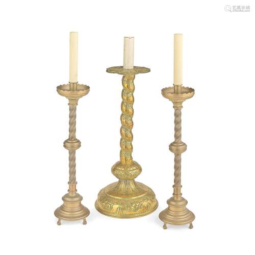 A PAIR OF BRASS GOTHIC REVIVAL TABLE LAMPS (3)